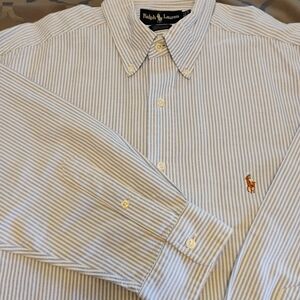 Ralph Lauren Men's White and Blue Striped Button Down Shirt 16 1/2 X 33